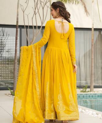 Yellow Faux Blooming Embroidered Gown with Zari   Sequins Work & Matching 2.25m Sequins Dupatta 4