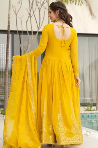 Yellow Faux Blooming Embroidered Gown with Zari   Sequins Work & Matching 2.25m Sequins Dupatta