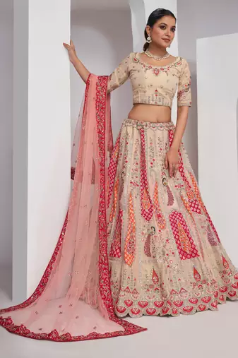 cream embroidered art_silk lehenga choli With Dupatta