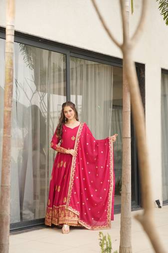 Pink Star Georgette Heavy Zari   Sequins Embroidered Gown with Matching 2.25m Sequins Dupatta