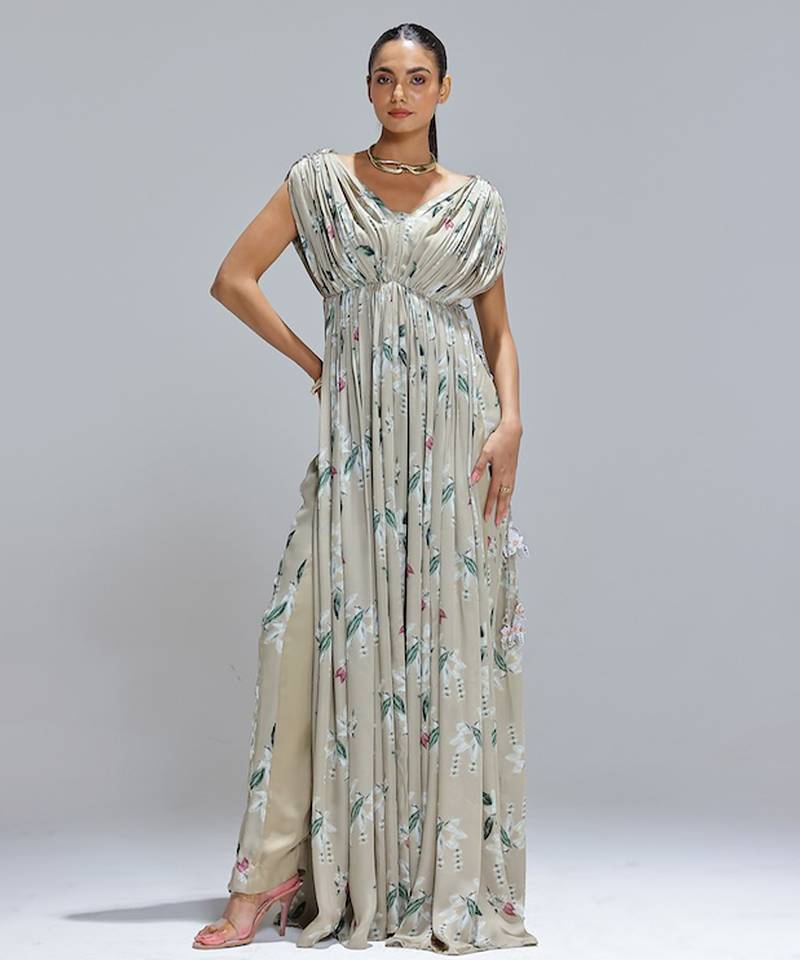 Green printed georgette kurta set