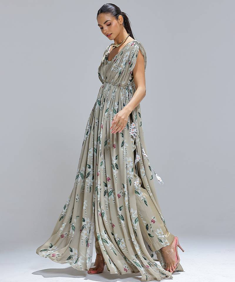 Green printed georgette kurta set