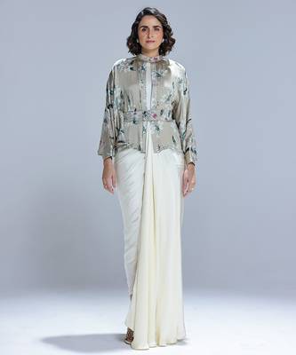 Green printed georgette gown with Jacket 1