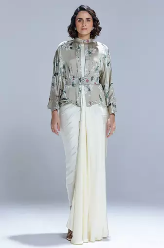 Green printed georgette gown with Jacket