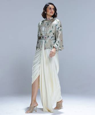 Green printed georgette gown with Jacket 2