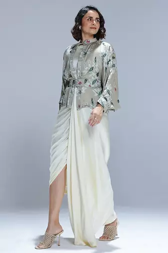 Green printed georgette gown with Jacket
