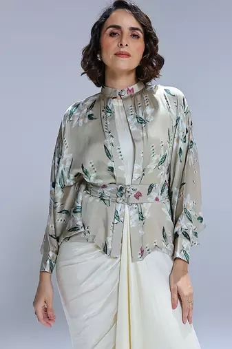 Green printed georgette gown with Jacket