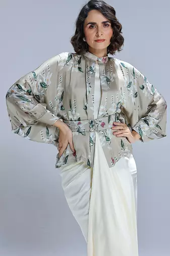 Green printed georgette gown with Jacket