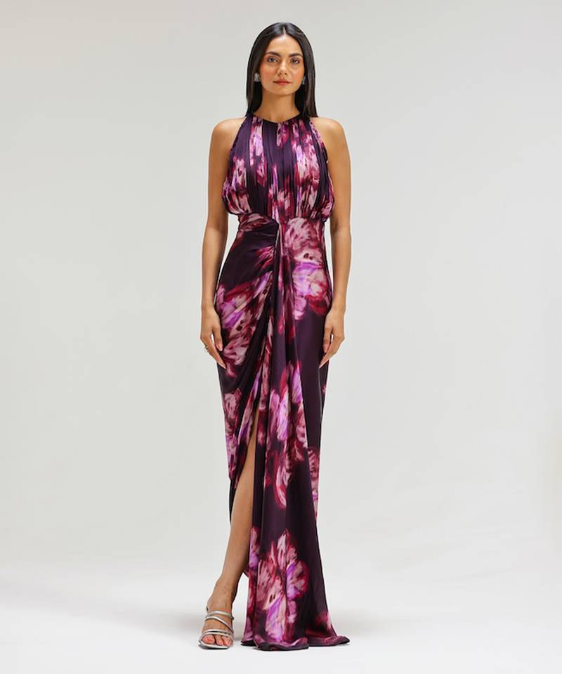 Pink printed georgette gown