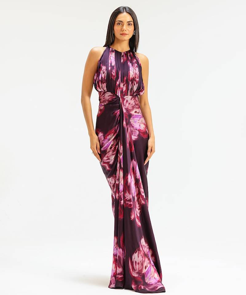 Pink printed georgette gown