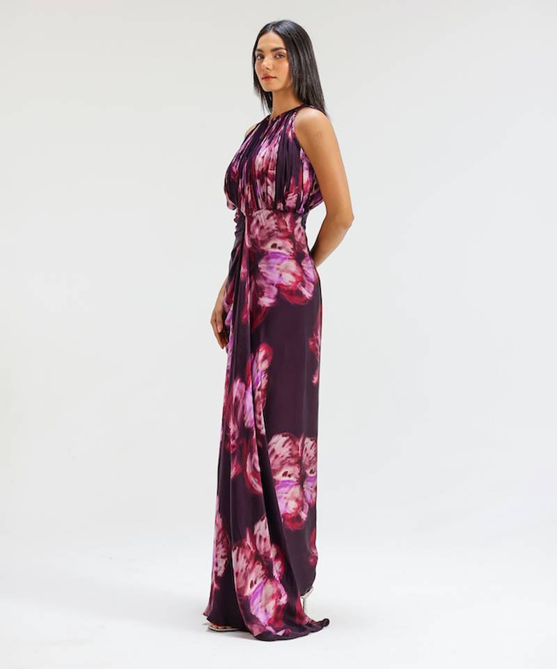 Pink printed georgette gown