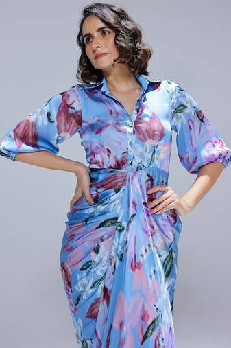 Blue printed georgette gown