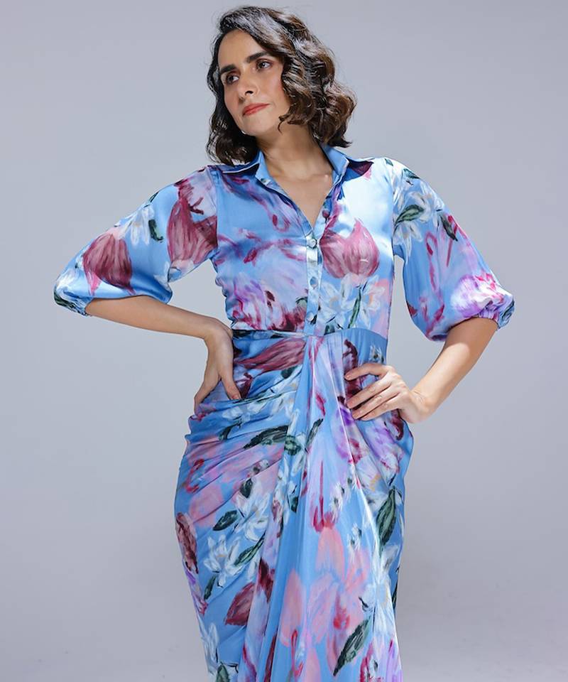 Blue printed georgette gown