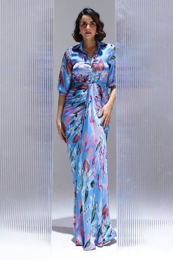 Blue printed georgette gown