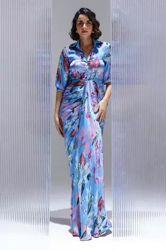 Blue printed georgette gown