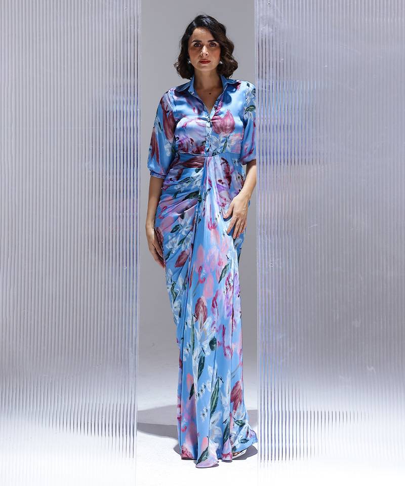 Blue printed georgette gown