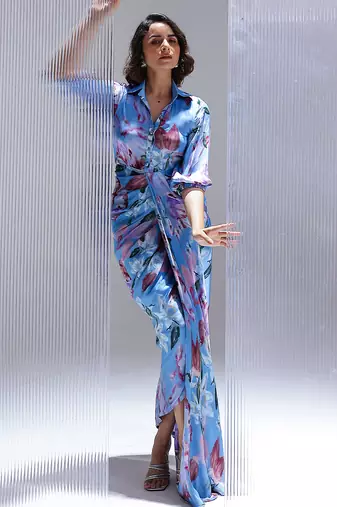 Blue printed georgette gown
