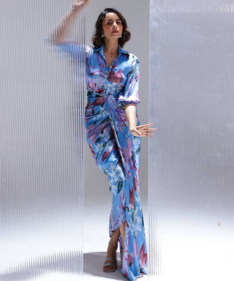 Blue printed georgette gown