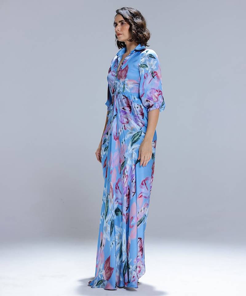 Blue printed georgette gown