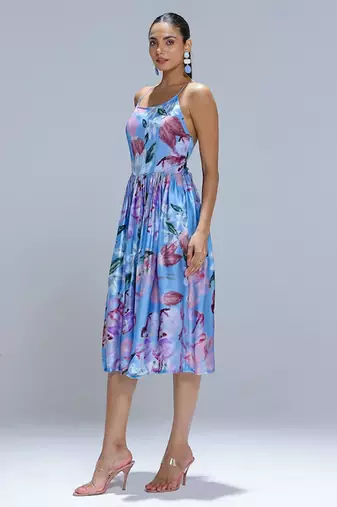 Blue printed georgette dress