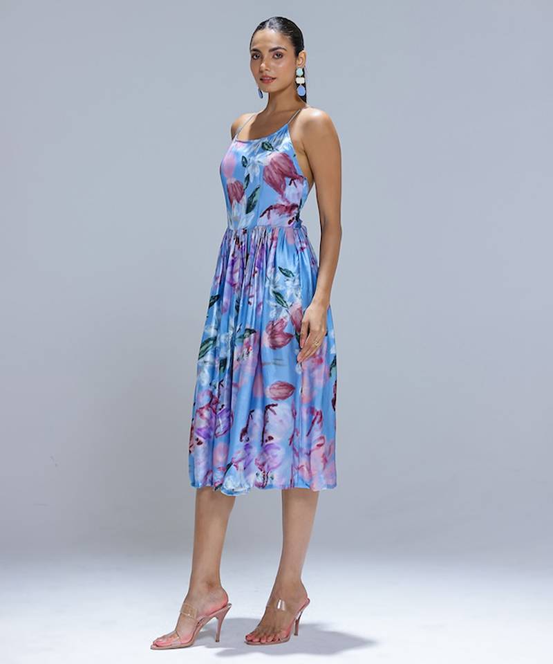 Blue printed georgette dress
