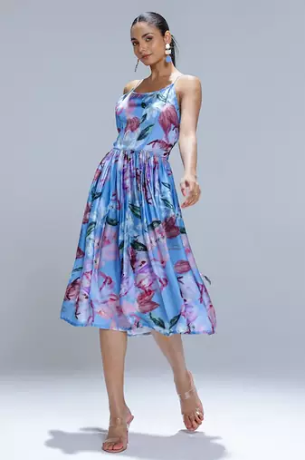 Blue printed georgette dress