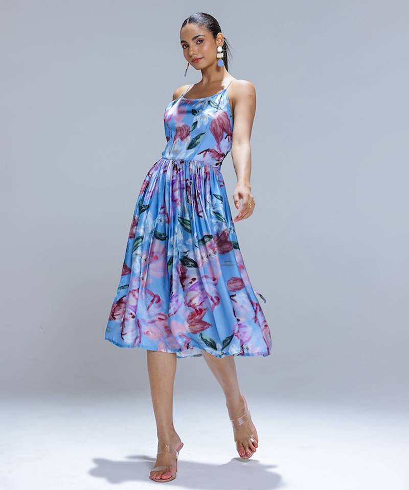 Blue printed georgette dress
