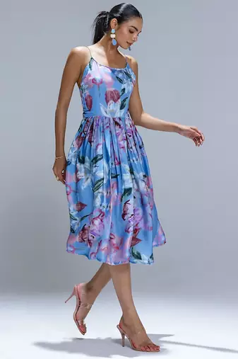 Blue printed georgette dress