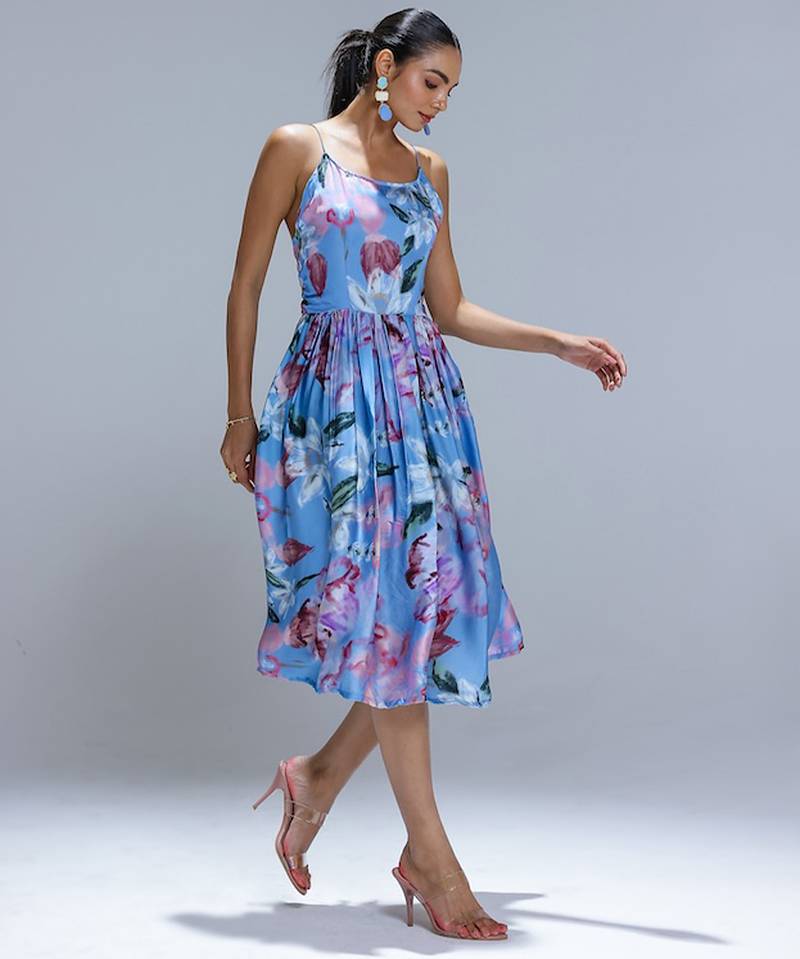 Blue printed georgette dress