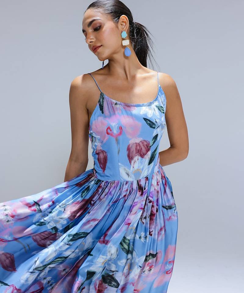 Blue printed georgette dress