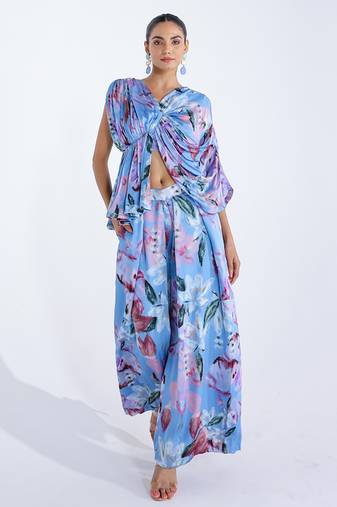 Blue printed georgette co ord set