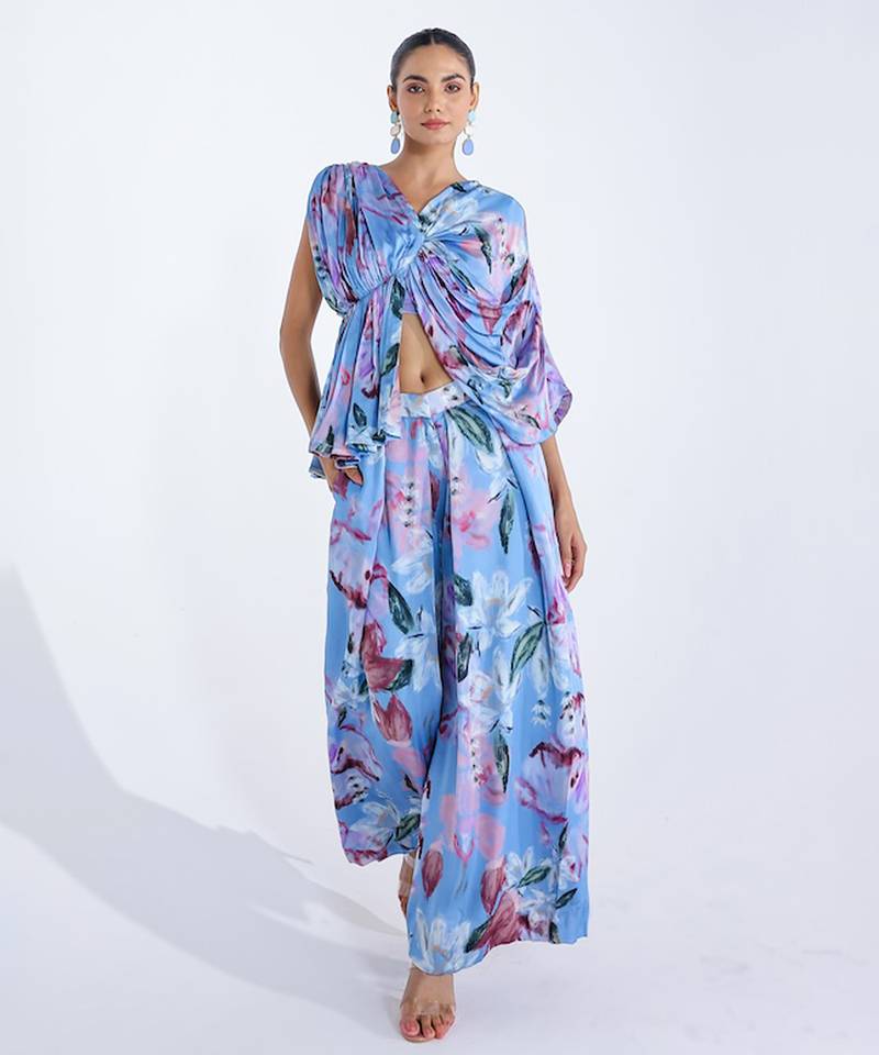 Blue printed georgette co ord set