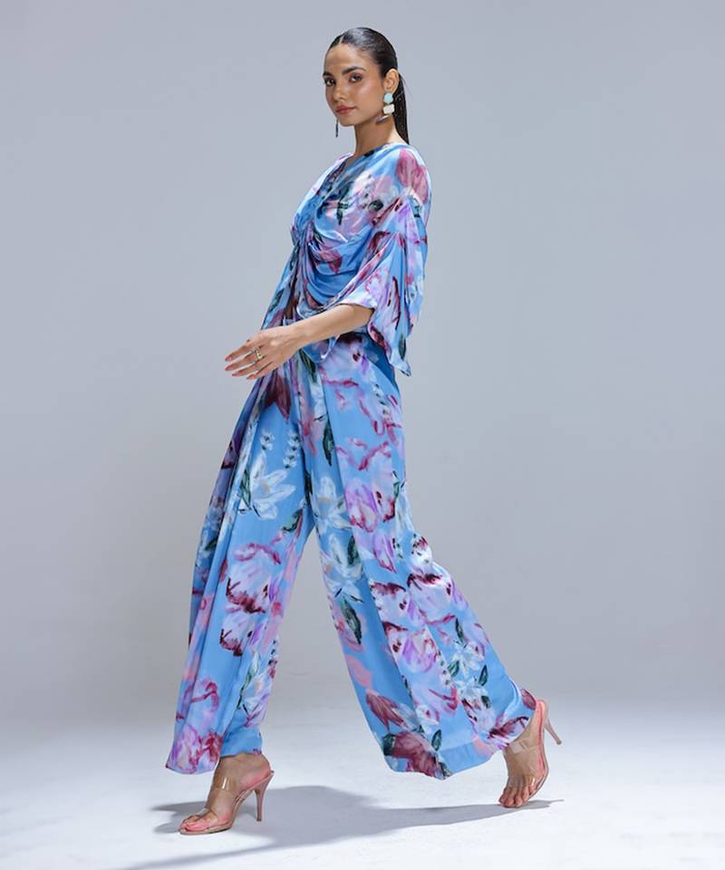 Blue printed georgette co ord set