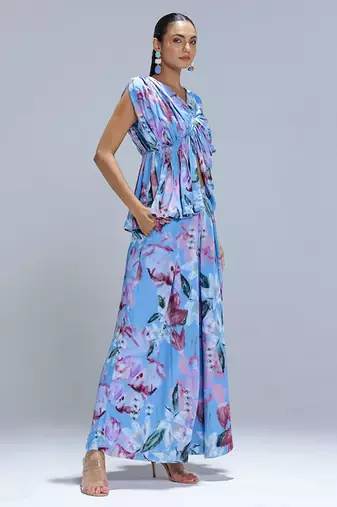 Blue printed georgette co ord set