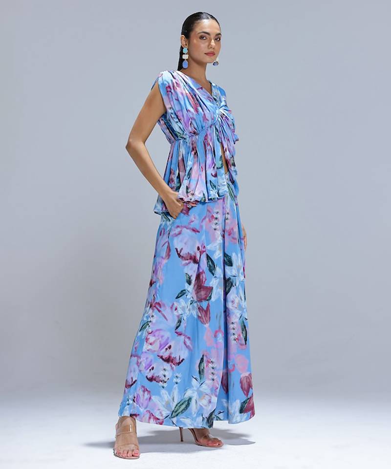 Blue printed georgette co ord set