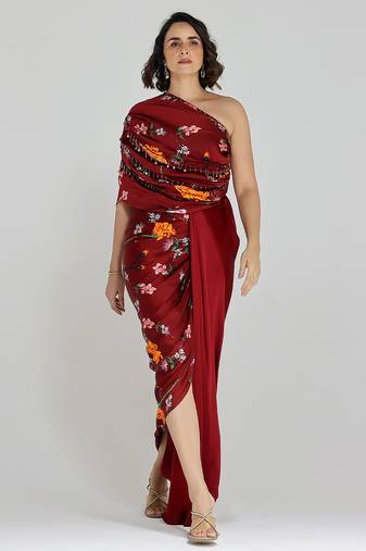 Red printed georgette gown