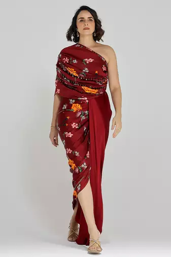 Red printed georgette gown