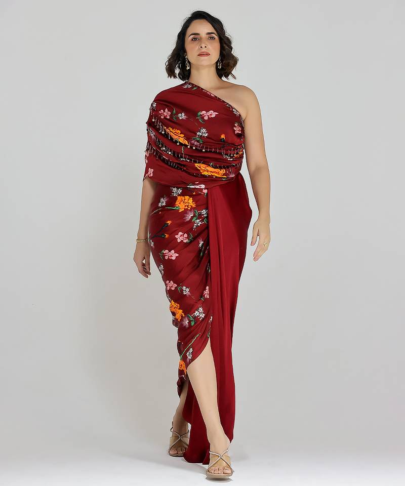 Red printed georgette gown