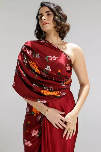 Red printed georgette gown