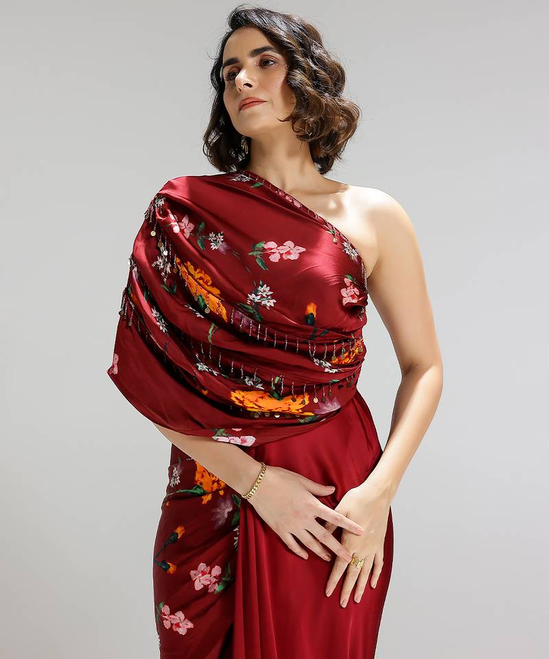 Red printed georgette gown