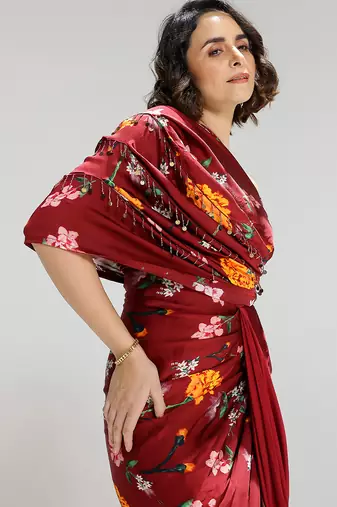 Red printed georgette gown
