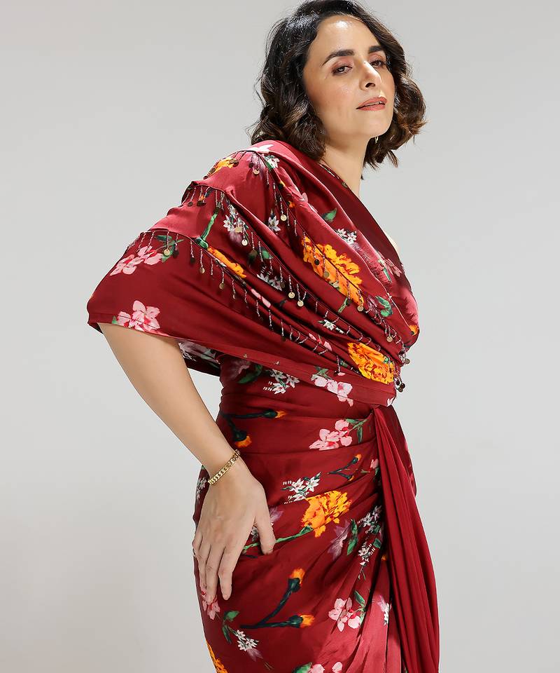 Red printed georgette gown