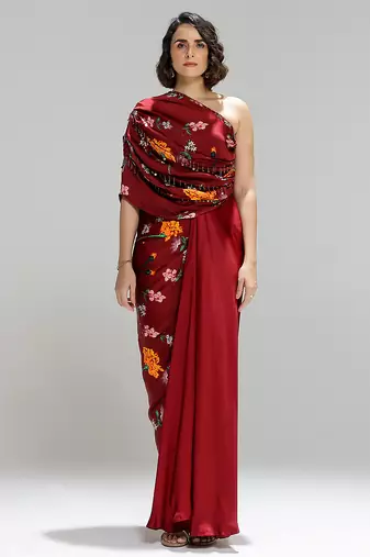 Red printed georgette gown