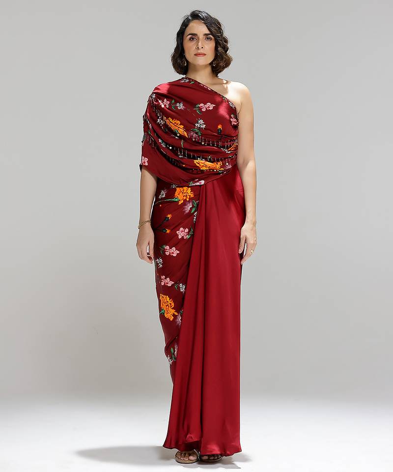 Red printed georgette gown