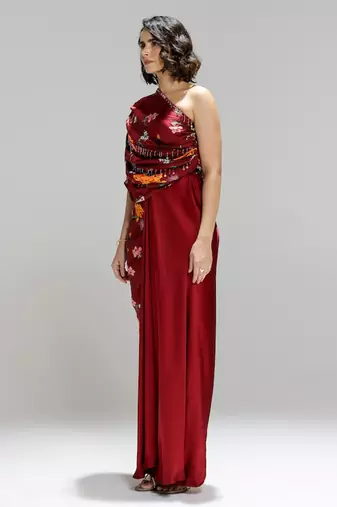 Red printed georgette gown