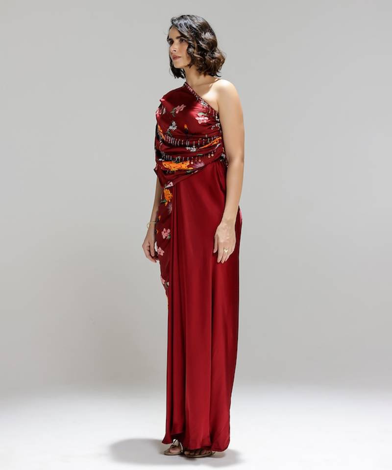 Red printed georgette gown
