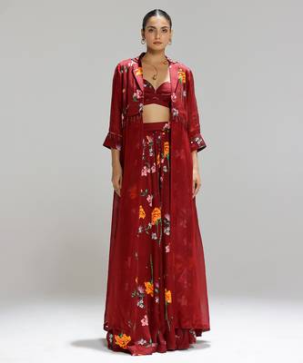 Red printed organza co ord set with cape 1