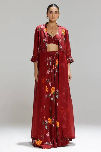 Red printed organza co ord set with cape