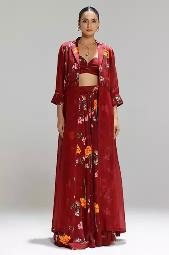Red printed organza co ord set with cape