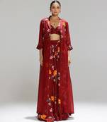 Red printed organza co ord set with cape